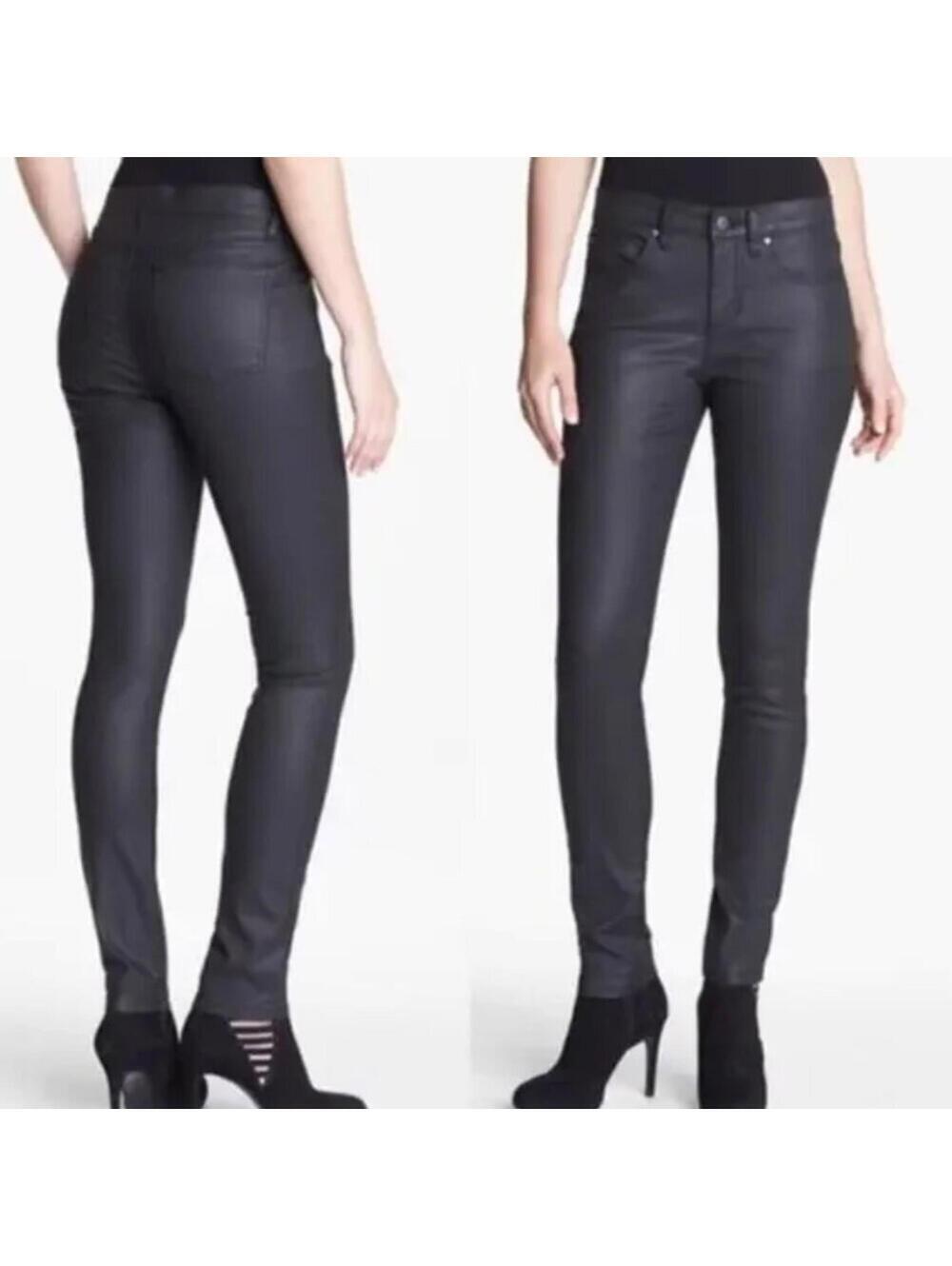 Eileen Fisher Black Wax Coated Skinny Pants 6 Mid Rise AS-IS